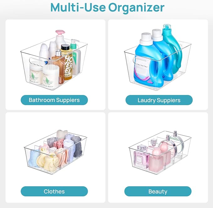Vtopmart 8 Pack Clear Storage Bins Set for Pantry Organizer | 4 Large Pantry Bins with Handle and 4 Medium Snack Organizer Bins with 4-Compartment for Pantry, Kitchen, Fridge, Cabinet