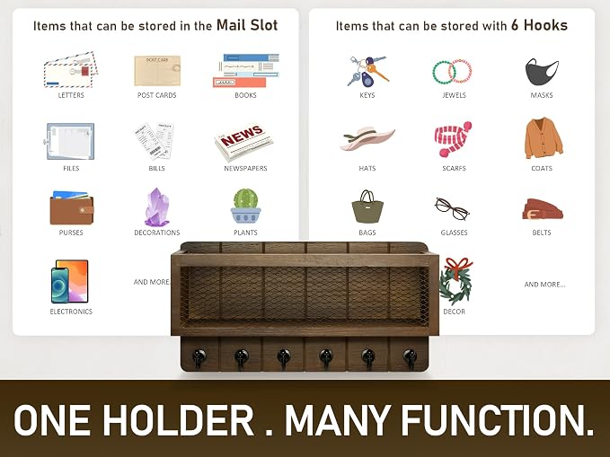 Rebee Vision Key Holder Wall Mount with 6 Hooks for Entryway, Retro Brown | Key Holder for Wall, Mesh Storage Basket, Solid Wood Key Rack, Letter Storage, Mail Organizer, Space-Saving Home Organizer