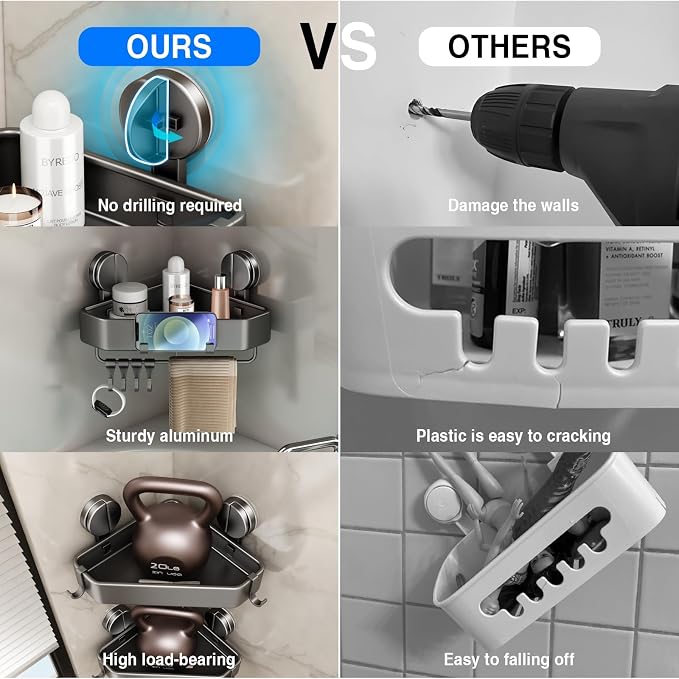 Mustorn Suction Cup Shower Caddy Corner, 2 Pack Suction Corner Shower Shelves No Drilling, Rustproof Shower Organizer Suction Cup with Towel Holder & Hooks Removable Bathroom Storage Rack(Gray)