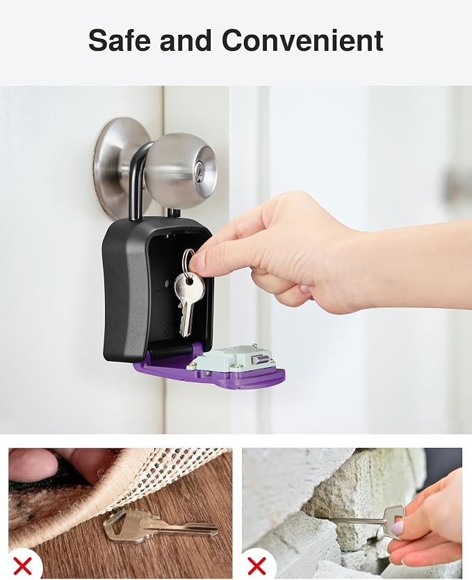 Puroma Key Lock Box, Portable Combination Lockbox Wall-Mounted Key Storage Box for House Keys, Resettable Code Safe Security Lock Box for Home, Office, Apartment Spare Key Storage (1 Pack, Purple)