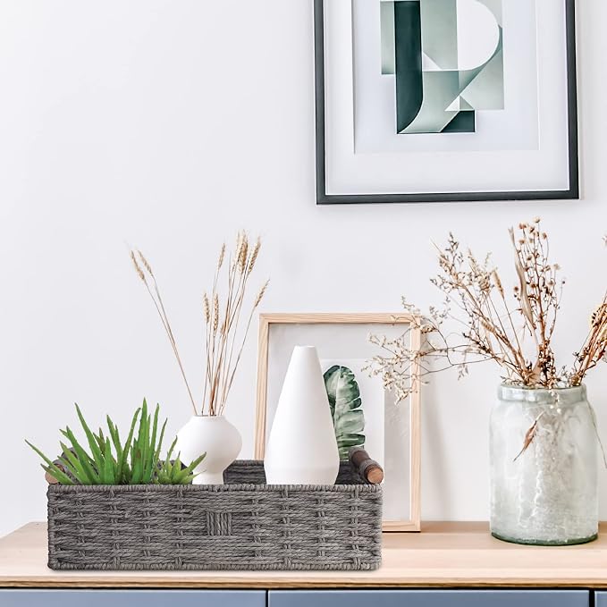 Round Paper Rope Storage Basket Wicker Baskets for Organizing with Handle Decorative Storage Bins for Countertop Toilet Paper Basket for Toilet Tank Top Small Baskets Set,Grey