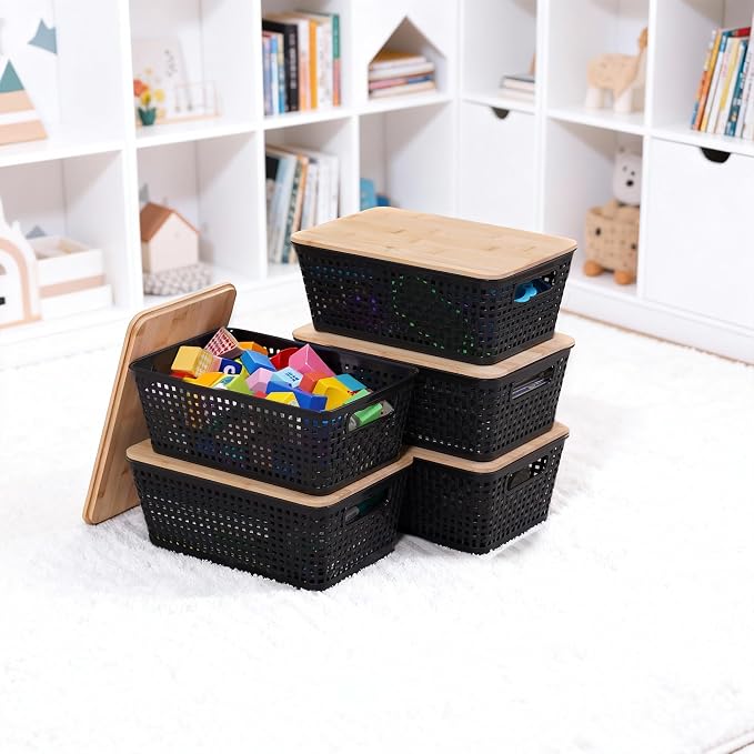 Storage Bins with Lids 6 Packs, Plastic Storage Bins with Bamboo Lids for Pantry Organization and Storage Containers for Shelves Drawers Desktop Closet Office Home, Black