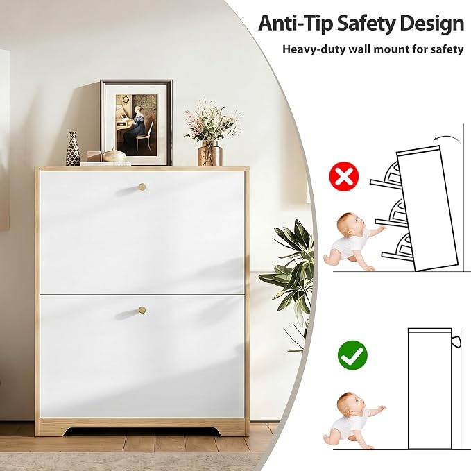 Nicetree Shoe Storage Cabinet with 2 Flip Drawers, Natural Oak and White | Narrow Shoe Organizer, Freestanding Shoe Rack Cabinet, Modern Shoe Storage Cabinet for Entryway, Hallway, Foyer, With Hook