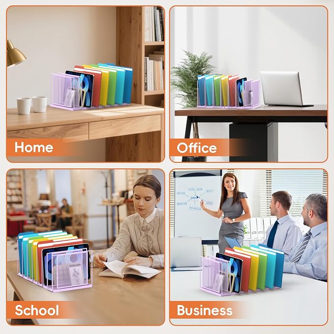 File Organizer For Desk, 7 Section Metal Desktop File Sorter,Purple | Desk file organizer, connectable 7 section design, 2.17 in spacing, vertical folder storage for home office and classroom