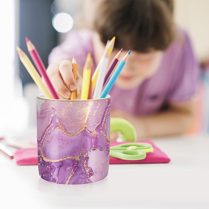 Pen Holder for Desk, Cute Ceramic Pencil Holder, Pen Cup Marker Holder Makeup Brush Holders, Desk Accessories & Workspace Organizers for Home, Office, Purple Marble