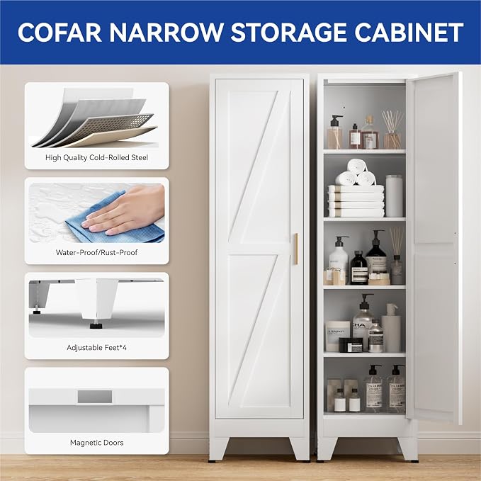 COFaR 67'' Tall Slim Bathroom Storage Cabinet, Metal Narrow Pantry Cabinet with 4 Adjustable Shelves and One Door, Skinny Cabinet Storage for Kitchen Laundry, White Farmhouse 5 Tiers