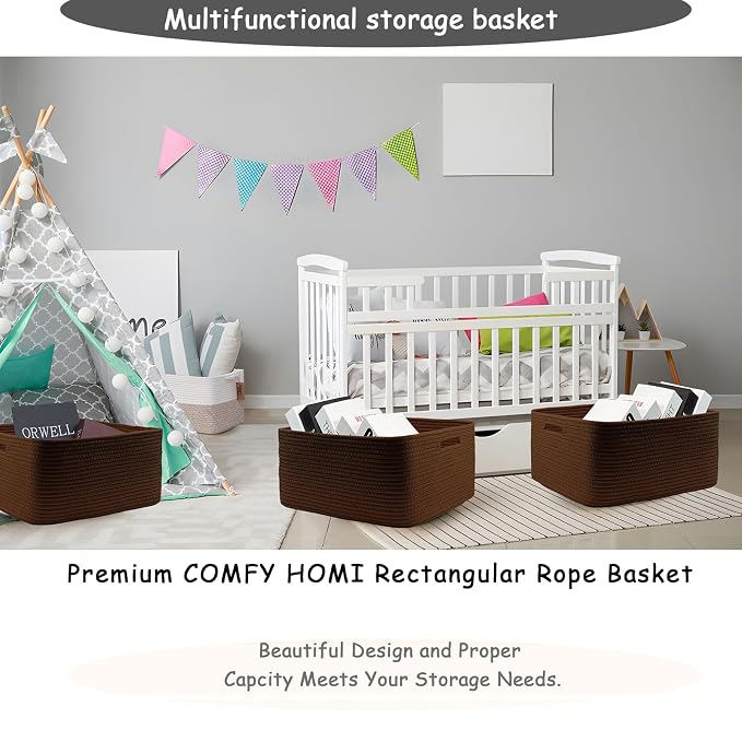 COMFY-HOMI Cotton Rope Woven Basket with Handles for Shelves,Toys,Book, Cloth Storage Baskets Bin for Organizing- 1 PCSToy Decorative Organizer for Living Room, Bathroom 17" x 13" x 7.5"