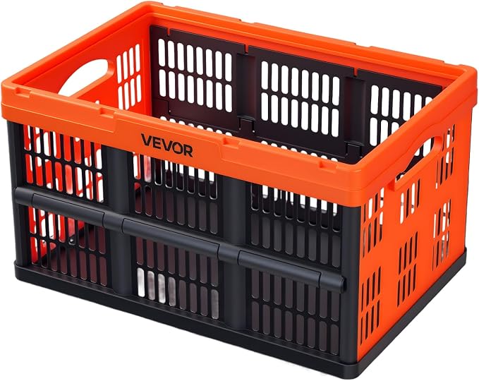 VEVOR Plastic Collapsible Storage Bins, 45L 6 Packs, Stackable Folding Storage Crates with Handles, Holds 33 lbs Per Bin, Foldable Heavy Duty Containers, Space-Saving Baskets, for Home Organizing