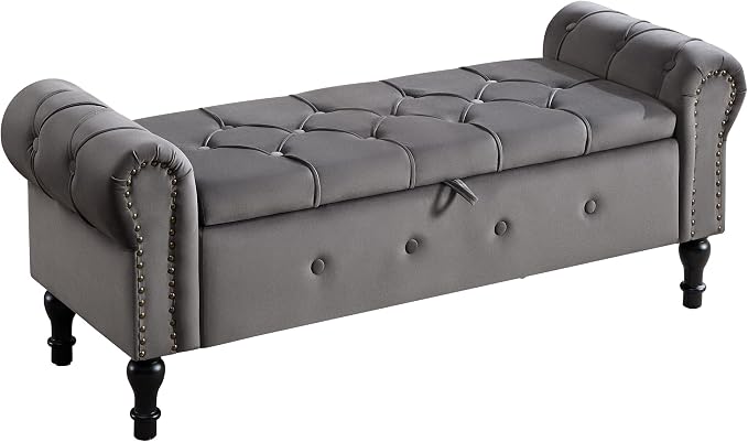 Storage Bench 51" Velvet End of Bed Benches Dark Grey | Queen Size Storage Bench for Bedroom with Rolled Arms Tufted Ottoman Benches Upholstered Bench for Living Room Entryway