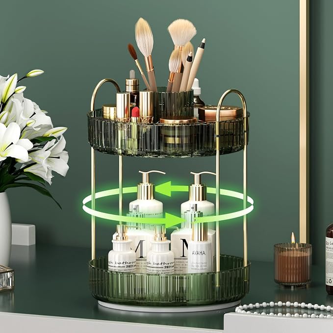 YCIA&DONE Rotating Makeup Organizer for Vanity, Large Capacity Make Up Storage Skin Care Shelf Perfume Holders Cosmetic Dresser Organizer Countertop Spinning 360 (Vintage Green, 2Tiers)