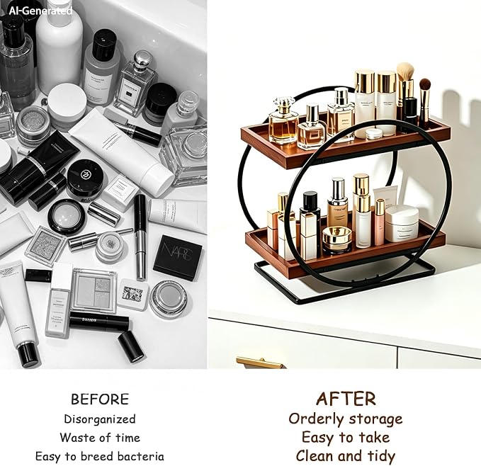 2-Tier Bathroom Counter Organizer, Wooden Perfume Organizer Dresser | Bamboo Countertop Trays Skincare Makeup Vanity Shelf, Organizers and Storage for Bathroom Kitchen,Black & Brown Perfume Stand