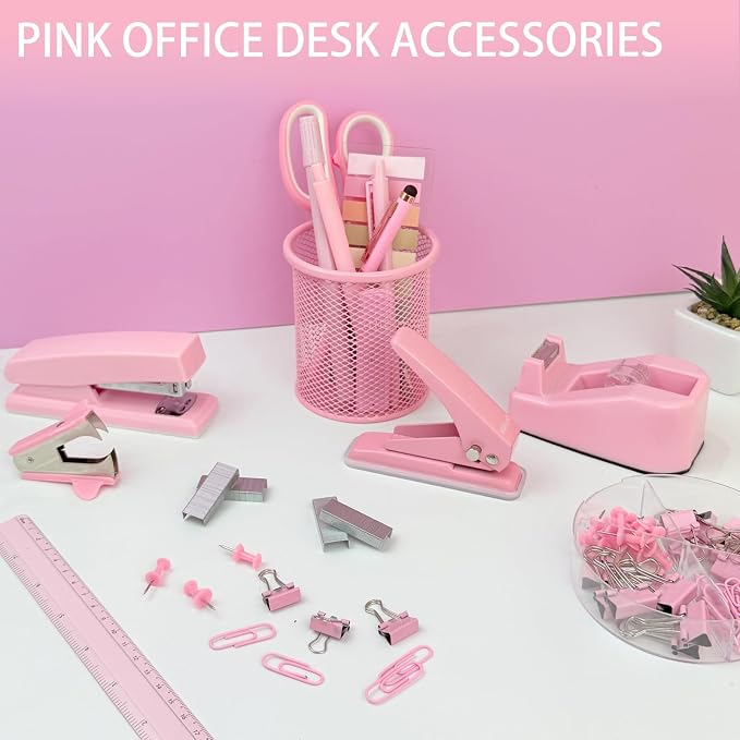 JIZHIYUAN Pink Desk Accessories Set - 16 Pcs Pink Office Supplies with Stapler, Tape Dispenser, Pen Holder, Staple Remover, Hole Punch, Practical Aesthetics Desk Sets for Office, Home, School Women
