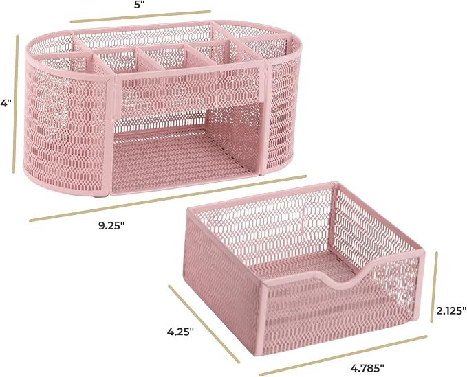BLU MONACO | Pink Desk Organizers Metal Mesh Stationery Holder | Wire Mesh Desk Organizer with Compartments | Desk File Folder Organizer for Office Accessories