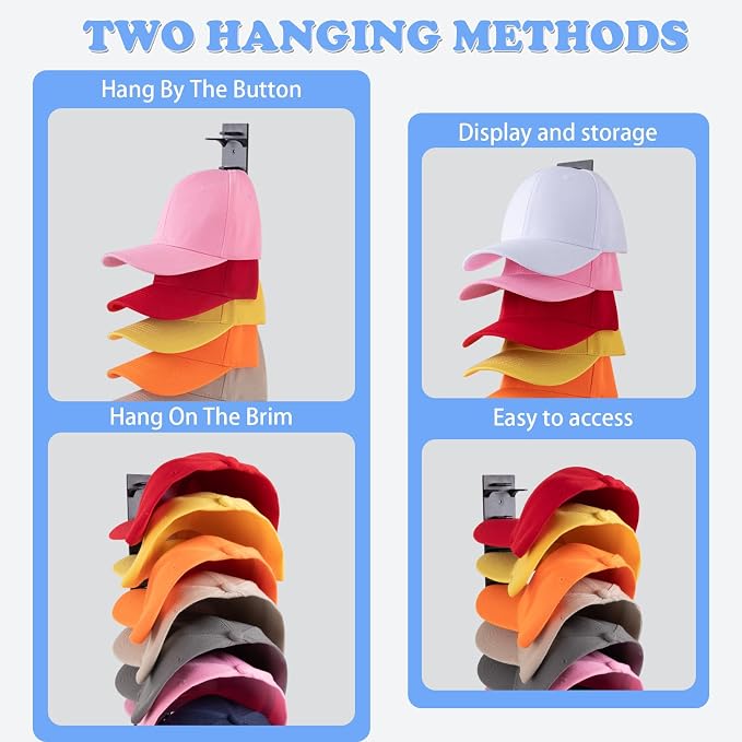 2 Pack Hat Organizer For Baseball Caps, Hat Rack for Wall Holds 18 Hats | Thick ABS Plastic, Adhesive Or Screw Mount, Extended Spaced Tiers Help Keep Cap Shape, For Doors, Closets, Bedrooms