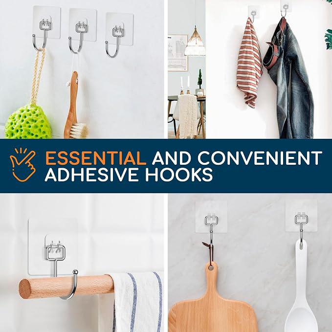 Adhesive Wall Hooks for Hanging, Heavy Duty No Drill, 22 lbs, 12 Pack | GLUIT Adhesive Wall Hooks for Hanging, Transparent Waterproof Sticky Towel Hook for Bathroom Kitchen Home Outdoor