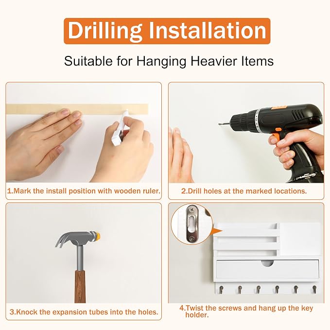 dreampossible Key and Mail Holder for Wall, Mail Organizer Wall Mount with 6 Hooks and Storage Drawer, Wooden Key Rack Hanger with Shelf for Entryway and Home Decor