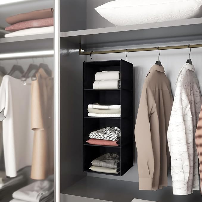 Hanging Closet Organizer 4-Shelf, Oxford Fabric Wardrobe Storage, Black | Easy-mount foldable design holds clothes, handbags, shoes & accessories; washable Oxford fabric, sturdy and space-saving.