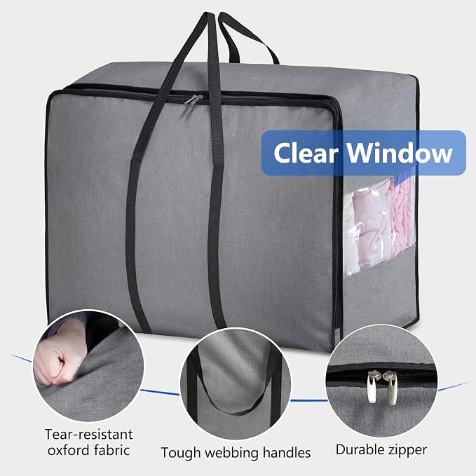 MISSLO Thick Over Size Storage Bag, Folding Organizer Bag, Under Bed Storage, College Carrying Bag for Bedding Comforters, Blanket, Clothes (Grey)