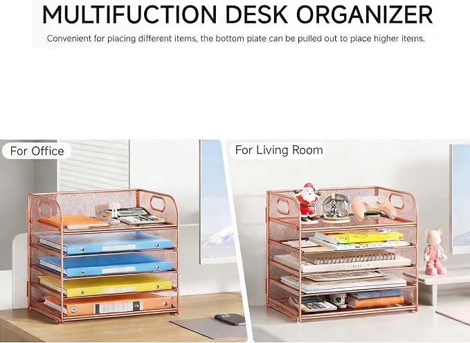 5 Tray Paper Organizer Letter Tray with Handle - Mesh Desk File Organizer, Paper Sorter Organizer for Office, Home or School File Folder Holder - Rose Gold