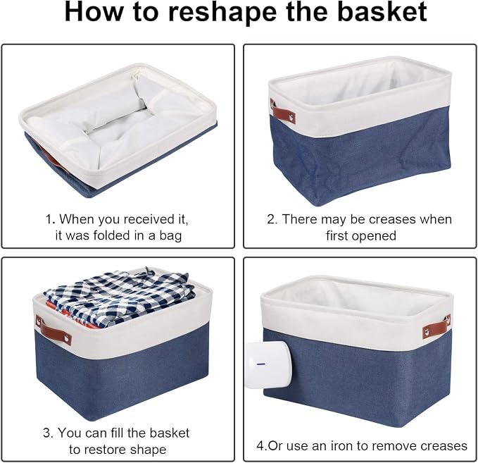 Univivi 15 inch Fabric Storage Baskets for Shelves,Blue,4 Pack | Large Capacity,Linen Closet Baskets,Metal Frame,Hard Cardboard Bottom,Foldable,with PU Handles