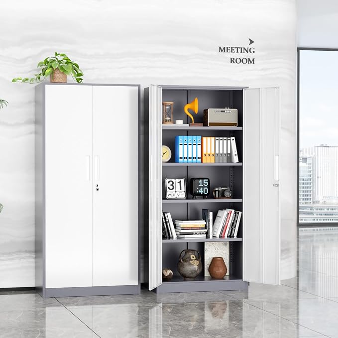 INTERGREAT Metal Storage Cabinet, 72" Locking Steel Cabinets with 2 Door and 4 Adjustable Shelves, Tall Metal Cabinet for Home Office, Garage, Warehouse, New Grey