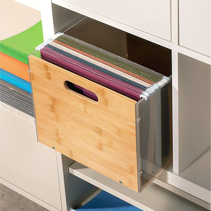 Sbanmao Clear Acrylic File Box Organizer, Bamboo Hanging Folder Storage Boxes, Filing Crate Bin Holder with Handle for Home Office Desk, Letter Size
