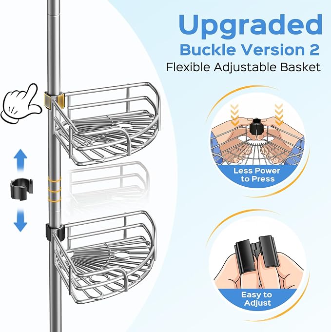 HAMITOR Shower Caddy Corner Tension Pole: 4-Tier Large Capacity Bathroom Organizer Shelves - Waterproof No-Drill Adjustable 47-123 inch Storage for Renters, Home Bathtub Stand Rack, Silver Gray