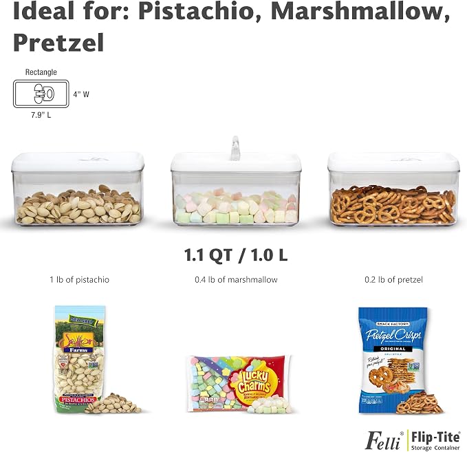 Felli Flip Tite Food Storage Container with Lid 4” RECTANGLE Airtight Ring Flip Lock Top, Stackable Acrylic Canister Set for Kitchen Fridge Pantry Organizer, Veggie Fruit Tea Bag Snack (1.1 qt)