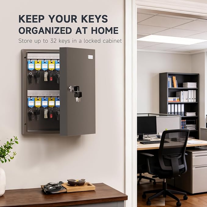 32-Keys Key Lock Box, Wall Mount Steel Key Organizer Cabinet with Key Tag | Security Key Holder Lockbox with Key Management App for Small Office, Key Storage for Home, Garage, Fleet & Valet