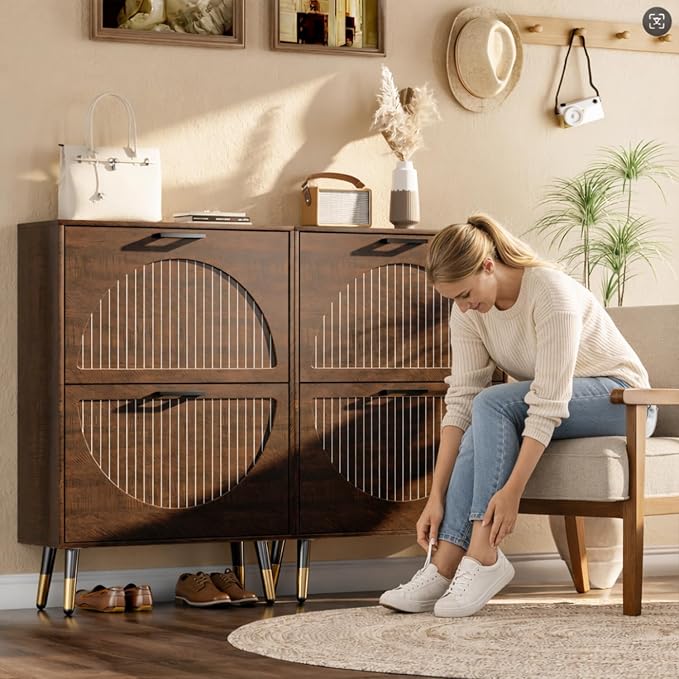 Farmhouse Shoe Cabinet Storage for Entryway, Slim Hidden Shoe Rack Cabinet | 1, 2 Flip Drawers with Dividers 2, Stylish Round Panel 3, Sturdy Metal Leg 4, Anti-Tip Safety Kit 5, Shoe Organizer Cabinet