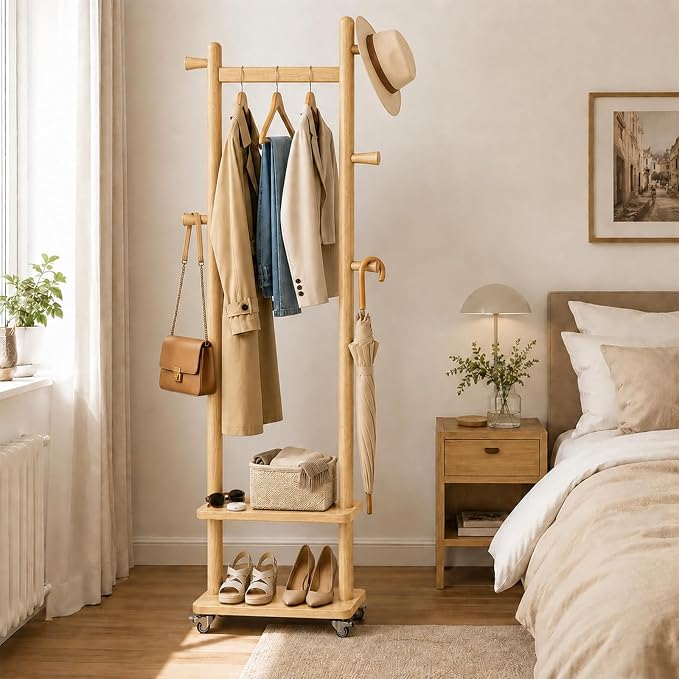 Taitiy Solid Wood Coat Rack Small Freestanding with Wheels 2 Shelves | Small spaces, solid rubberwood construction, 2 shelves and 5 hooks, ideal for bedrooms, entryways, apartments and homes