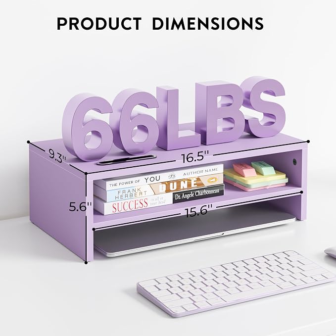 BONTEC Wooden Monitor Stand Riser for Desk, 2-Tier Computer Monitor Stand | 66 lbs Desk Shelf Organizer with Storage, Laptop & Printer Stand with Phone Holder and Cable Management, Purple, 16.5 Inch