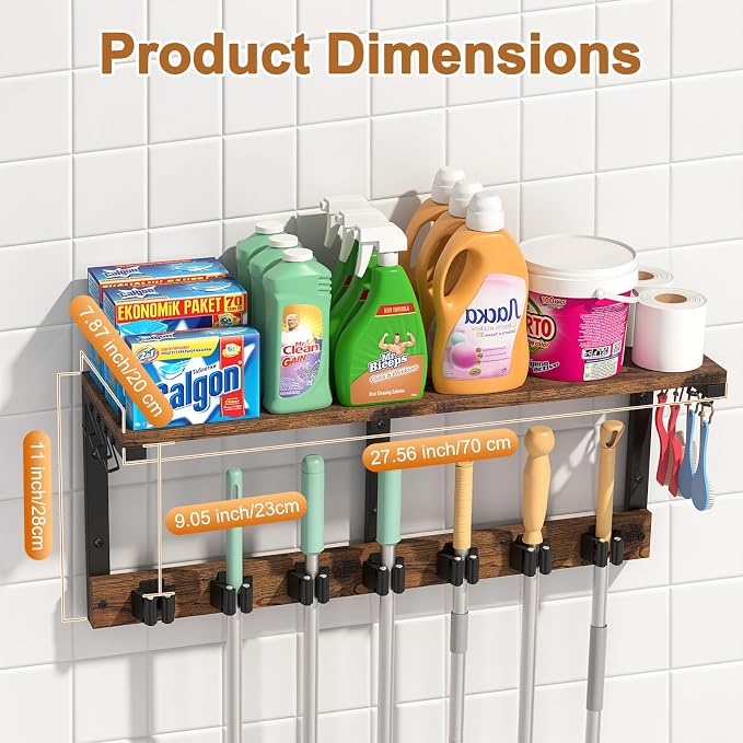 Housolution Wall Mount Broom Holder Laundry Room Storage Organizer Shelves | Thickened Metal Frame, 100 LBS High Load-Bearing, Large Capacity, Multifunctional with 7 Grippers & 8 Hooks