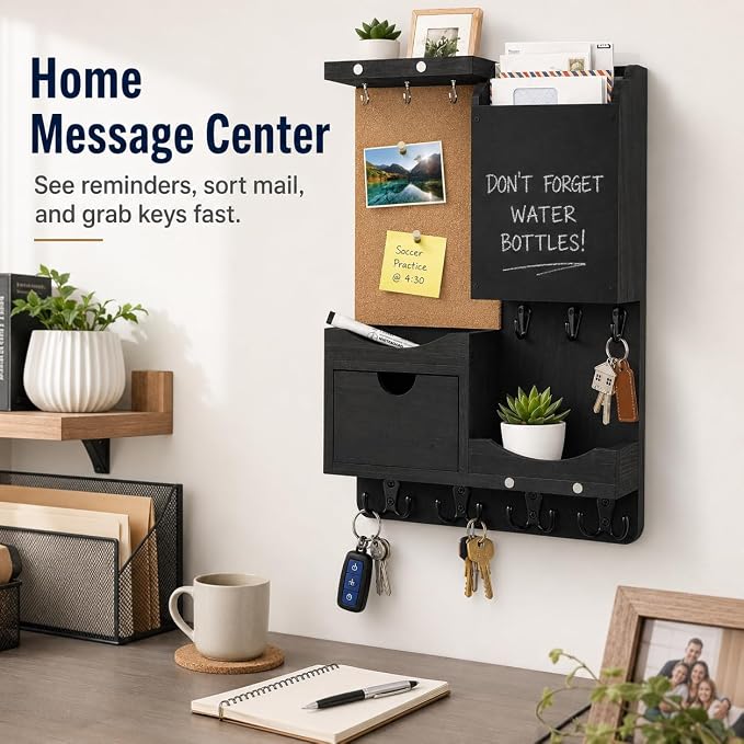 Key Holder Wall Mount, Mail Organizer Key Holder for Wall with Shelf, Drawer, Chalkboard, Corkboard, Home Decor Mounted for Room Entryway (Black)