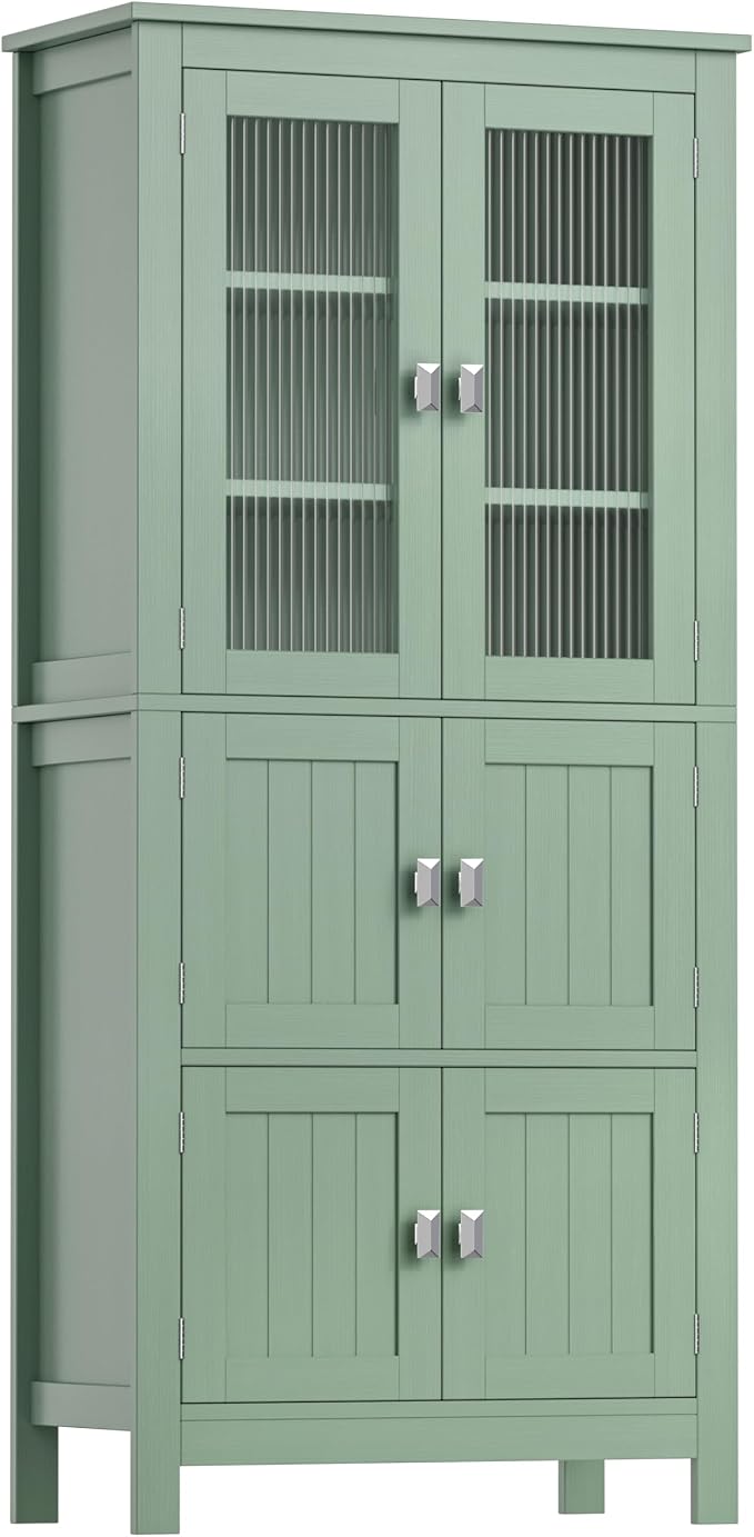 Akxomel 53.1" H Tall Bathroom Storage Cabinet, Bathroom Floor Cabinet with 6 Doors and Adjustable Shlef, Linen Cabinet, Pantry Cabinet for Living Room, Kitchen, Entryway, Green