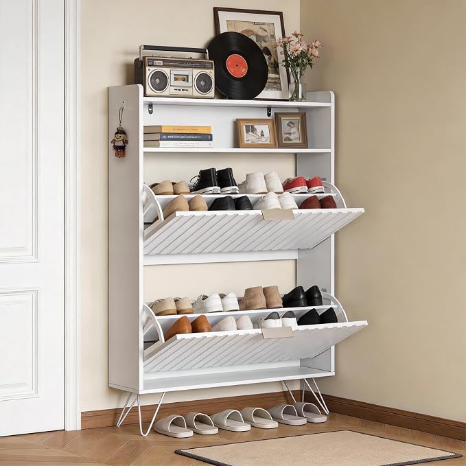 Karl home White Slim Shoe Storage Cabinet, Entryway Shoe Organizer | Space-Saving Freestanding Shoe Rack Organizer, Versatile Storage Furniture Suitable for Entryway and Living Room