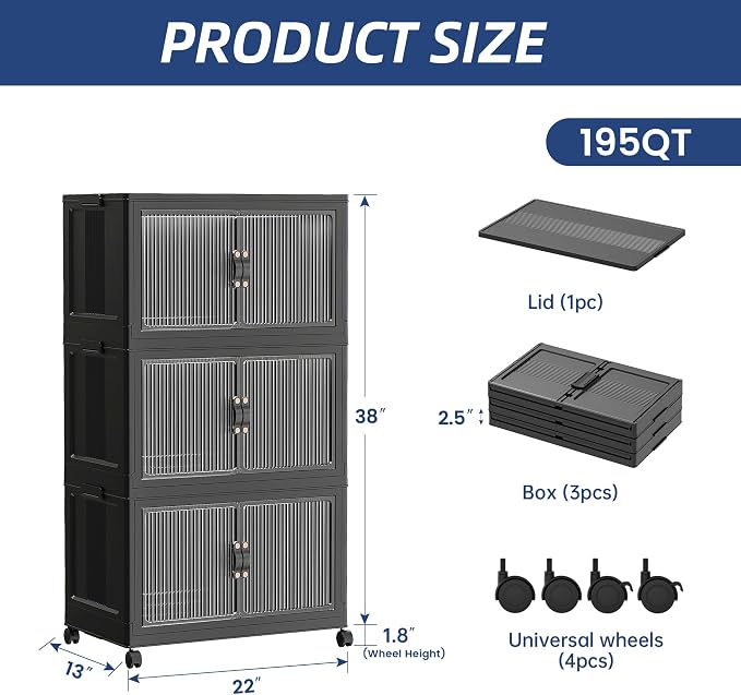SAILUN 49Gal/195Qt Stackable Storage Bins Folding Collapsible Storage Bins with Lid, Closet Organizers and Storage Box with Door Black 22" W x 13" D x 38" H