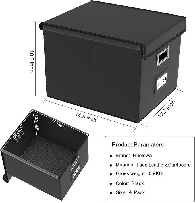 File Organizer Box with Lids, Collapsible File Folder Organizer | File Box with Plastic Slides for Document Storage, Filing Bin for Letter Size Hanging File Folders (4 Pack, Black, Leather)