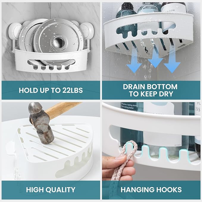 TAILI Suction Corner Shower Caddy, Bathroom Shelf Storage Basket Wall Mounted Organizer for Shampoo, Conditioner, Plastic Rack for Kitchen&Bathroom, Drill-Free Removable (2 Pack) | Wall Mounted Shower Organizer, Shampoo Holder, Plastic Rack, Drill-Free...
