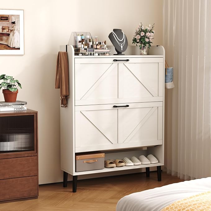 HOMEFORT Shoe Storage Cabinet for Entryway, Slim Shoe Organizer with Two Flip Drawers, Narrow Shoe Holder with Wood Legs, Farmhouse Hidden Shoe Cabinet for Front Door Entrance,Antique White