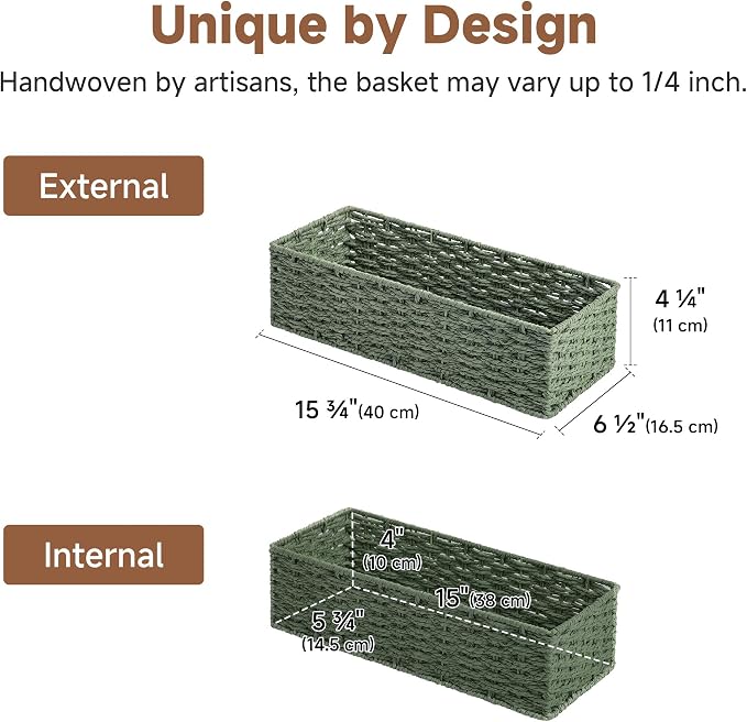 StorageWorks Wicker Toilet Paper Basket for Sage Green Bathroom Decor | Small Narrow Back of Toilet Basket, Paper Rope Decorative Bathroom Basket Organizer and Storage for Tank Topper, 2 Pack