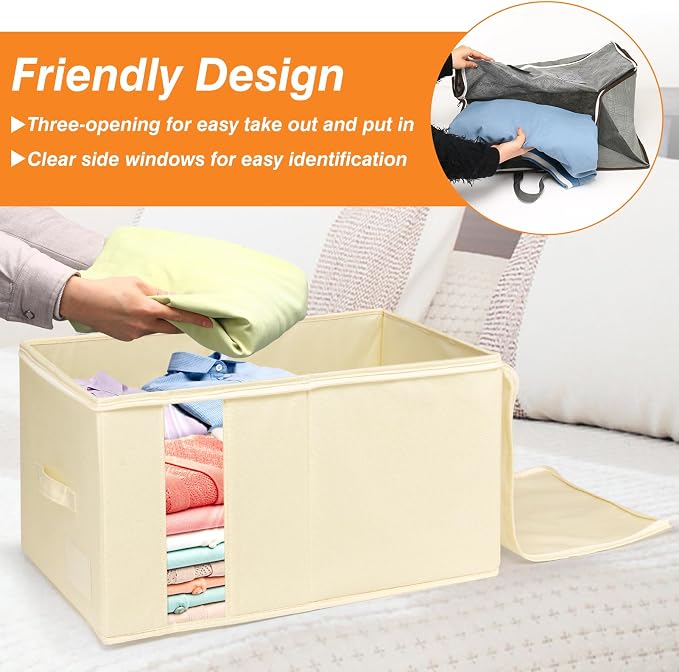 60L Rigid-Sided Blanket Storage Bags, 2 Pack, Beige | Rigid Sides and Bottom, Stackable Design, for Comforters, Quilts, Bedding, Pillows and Clothes, Closet and Dorm Organization