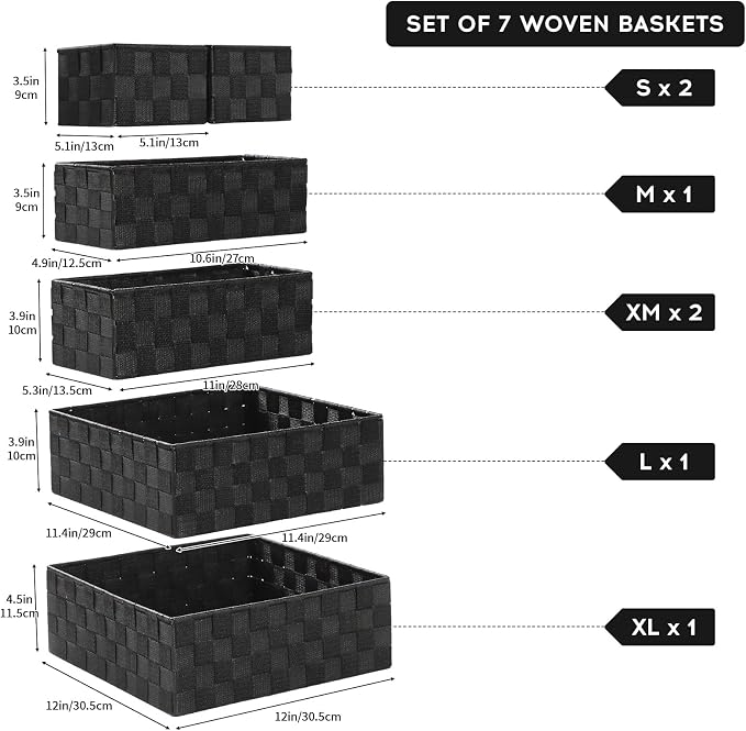 Posprica Small Baskets for Organizing(7 Set) Woven Storage for Shelves, Bathroom, Decorative Closet Organizer, Dresser Bins, Shelf