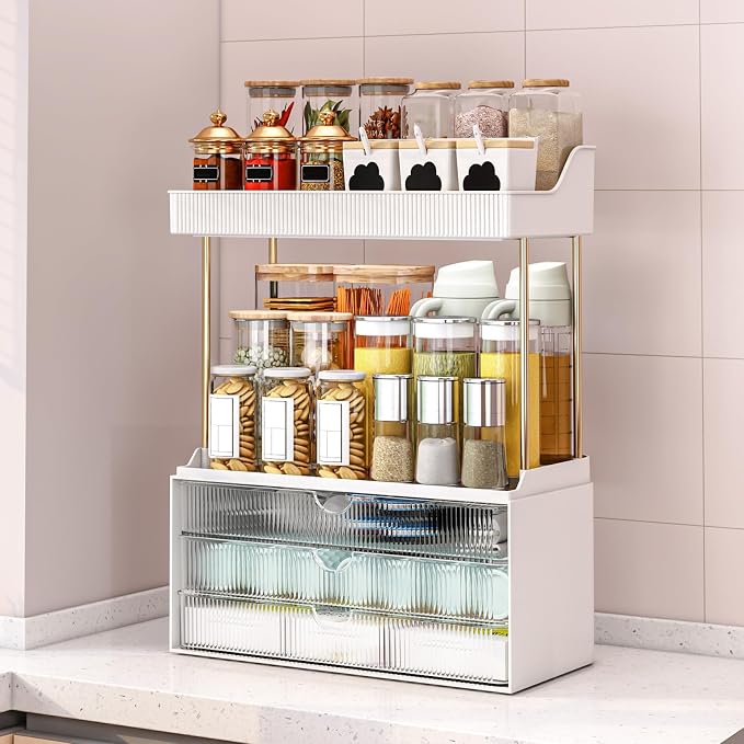 caktraie 3-Drawer 2-Tier Acrylic Makeup & Bathroom Vanity Organizer | Clear,3 smooth drawers, 2 open shelves, dustproof, wipe clean, for large skincare, perfumes, lipsticks, dresser, counter