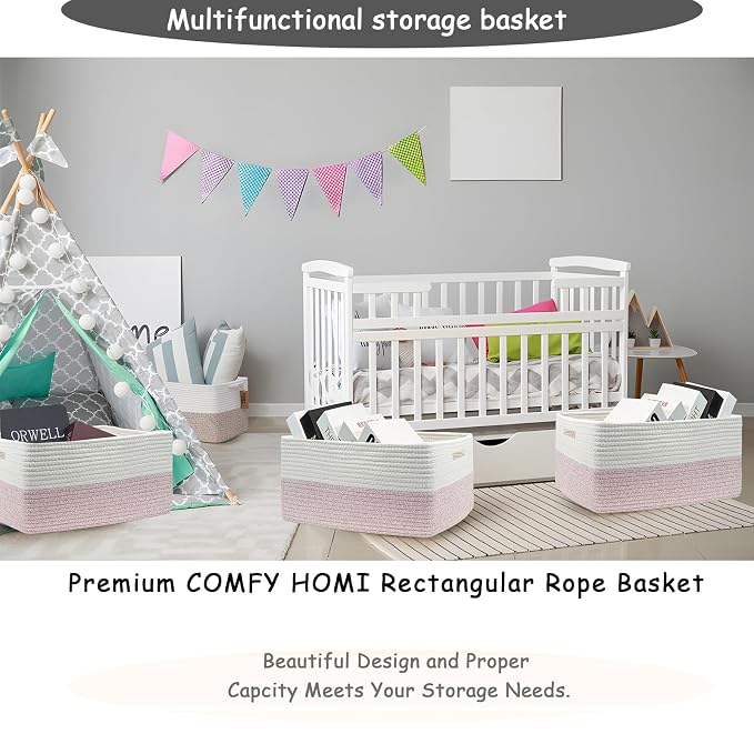 COMFY-HOMI Cotton Rope Woven Basket with Handles for Shelves,Toys,Book, Cloth Storage Baskets Bin for Organizing- 1 PCSToy Decorative Organizer for Living Room, Bathroom 17" x 13" x 7.5"