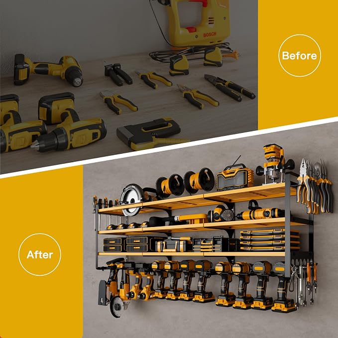 NattyDot Power Tool Organizer Wall Mount, 48-Inch 12 Drill Holders, Yellow | Extra-wide 48-inch Heavy-duty Wall Rack Stores 12 Cordless Drills and Assorted Tools, Maximizing Garage and Workshop Storage