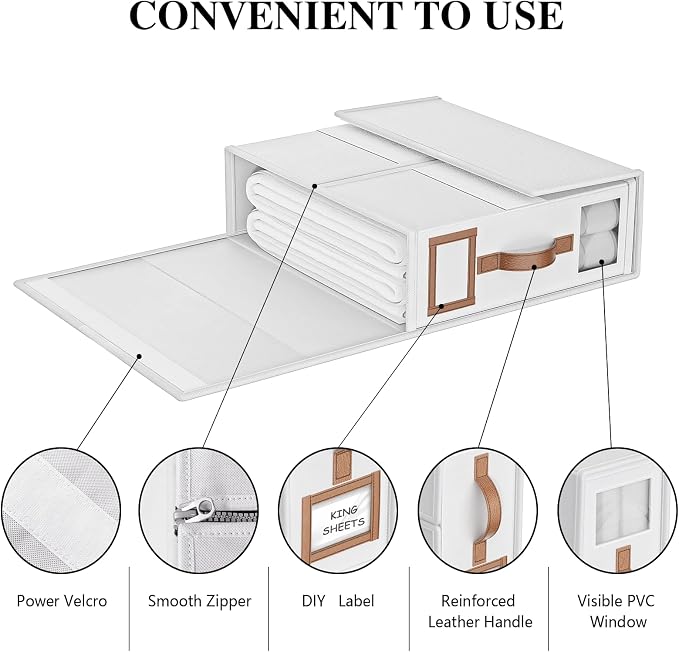 8 Pack Foldable Bed Sheets Set Organizers and Storage(King & Queen Size),Linen Fabric Closet Organizers with Window,Folding Bedding Storage Box for Bedsheets and Pillow Cube Organizer-White