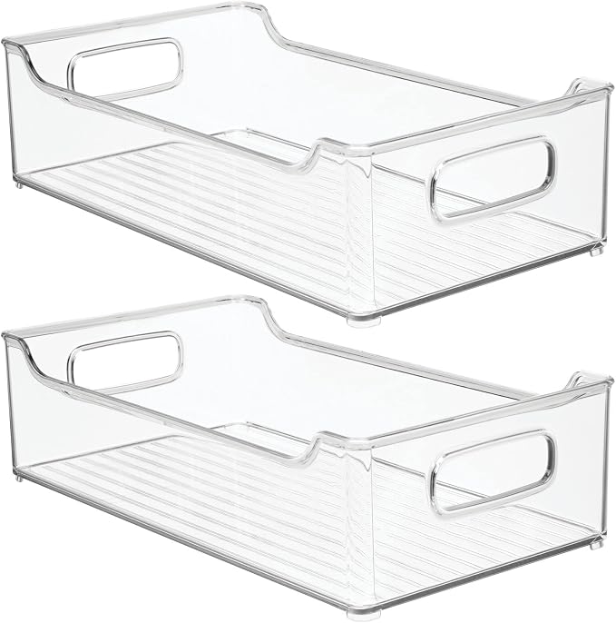 mDesign Wide Plastic Kitchen Storage Container Bins with Handles -Organization in Pantry, Cabinet, Refrigerator or Freezer Shelves - Food Organizer for Fruit, Yogurt, Squeeze Pouches - 2 Pack - Clear