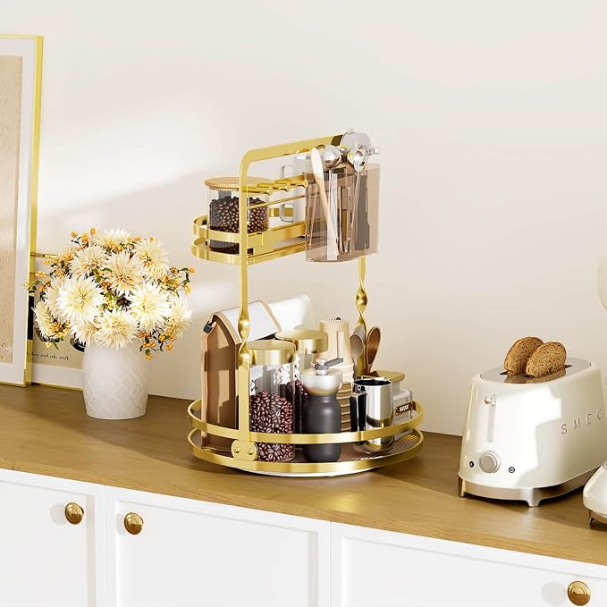 360° Rotating Makeup Organizer for Vanity, Gold Bathroom Organizer | 2-Tier Perfume Organizer with Makeup Brush Holder & Jewelry Hooks,Spinning Counter Shelf Storage for Perfume Skincare Dresser