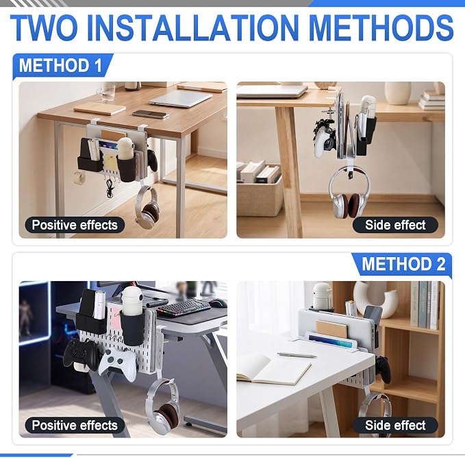 Desk Side Storage Organizer Set No Drill Under Desk Laptop Stand Organizer with Cup Pen Holder Headphone Hanger and Magnet Hook for Office Home Table Fits Edge 0.2" to 2.2"(Double,White)